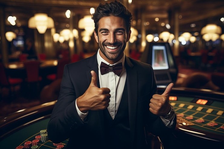 Mesin slot klasik dengan lampu neon merah dan simbol buah berwarna cerah menampilkan hiburan casino